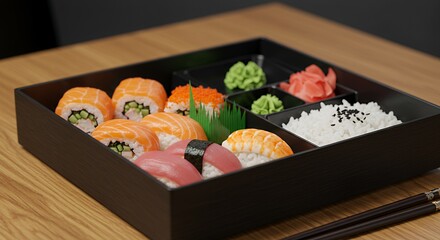 Indulge in the exquisite artistry of this meticulously crafted sushi bento box, a feast for the eyes and a culinary adventure for the palate.