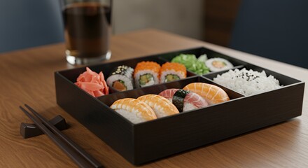 Indulge in a delectable Japanese bento box brimming with fresh sushi, rice, and pickled ginger, a perfect culinary escape.