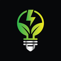 Green eco energy symbol with leaf and electric plug ,  bulb. Vector illustration. Creative eco energy logo design template. Green eco power plug with leaf. Vector illustration on black background.