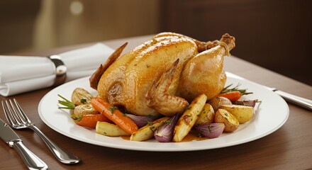 Golden-brown roasted chicken, glistening with savory juices, sits majestically on a pristine white plate, surrounded by perfectly roasted root vegetables, a culinary masterpiece ready to be savored.