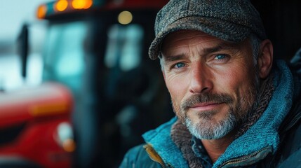 Closeup portrait of a rugged middle aged blue collar worker in a hard hat and winter workwear standing in front of a large industrial vehicle or construction equipment  The man has a weathered