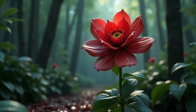 A single red flower in the middle of a lush forest