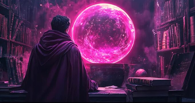A hooded figure sits before a glowing orb in a mystical library, surrounded by ancient books and arcane energy.