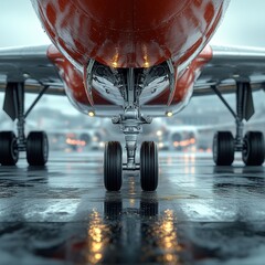 Closeup view of the sleek metallic fuselage and landing gear of a commercial passenger airliner reflected on the wet reflective surface of a runway  The aircraft is poised for takeoff or landing