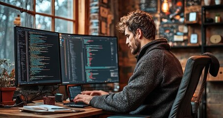 Programmer working on dual monitors with code visible, in a rustic home office.