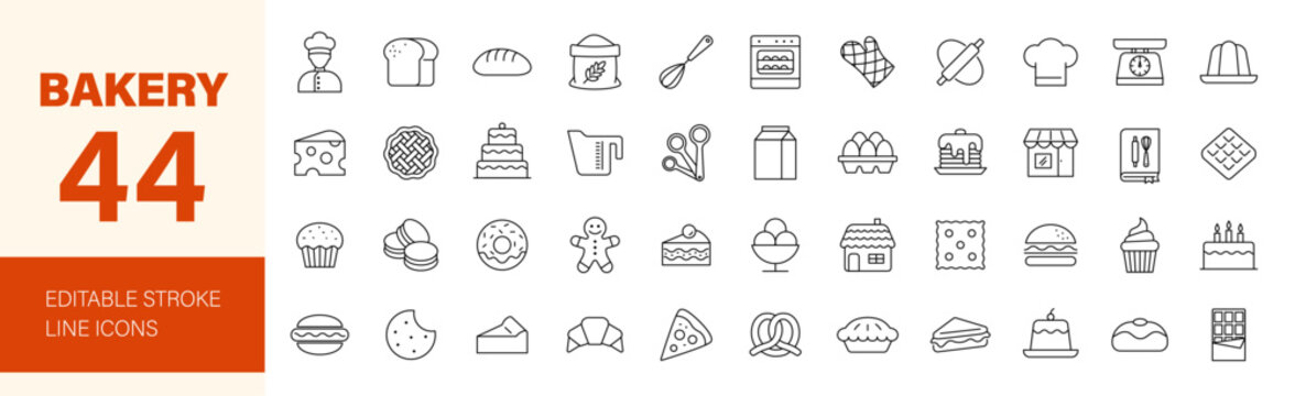 Bakery icon set. Containing cookie, pudding, oven, baking tools, doughnut, bread, macaroon, muffin, pie, birthday cake and more. Editable line icons. Vector illustration.