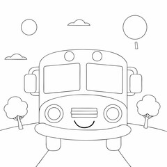 Smiling school bus coloring page for kids fun and adorable on white background printable drawing 