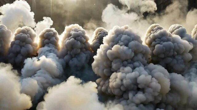 Dense billowing smoke clouds rising in rows against a dark backdrop hd video , 4k video , mp4 video , mov