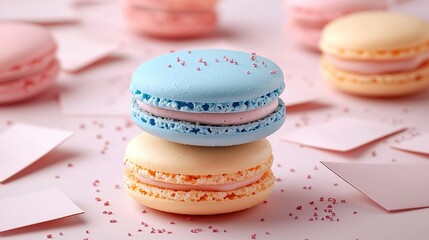 Fototapeta premium Macaron Lifestyle Aesthetics: Pastel Desserts with Gift Box and Floral Arrangements