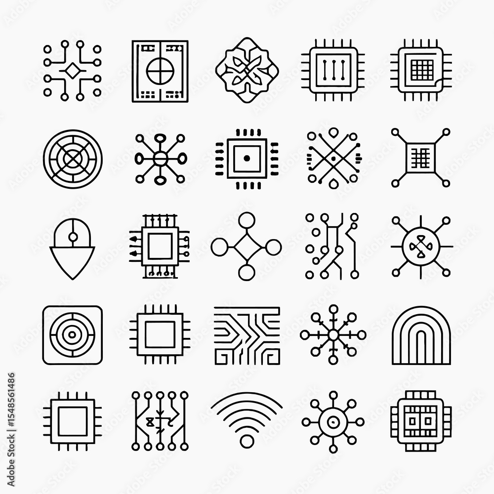 Poster tech icon collection: a collection of intricately designed technology icons, showcasing the evolutio