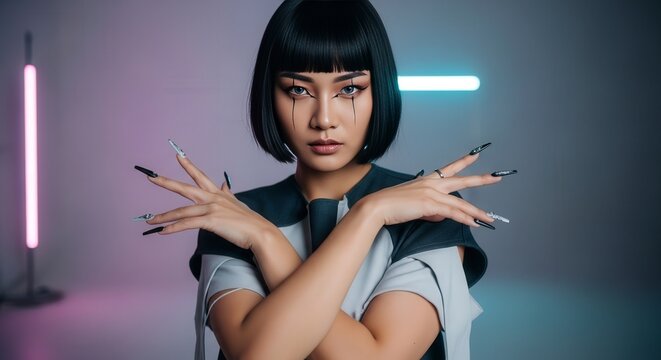 Portrait of asian woman with sharp nails and futuristic makeup in studio fashion beauty photography nails manicure makeup earrings fashion model studio photo beauty
