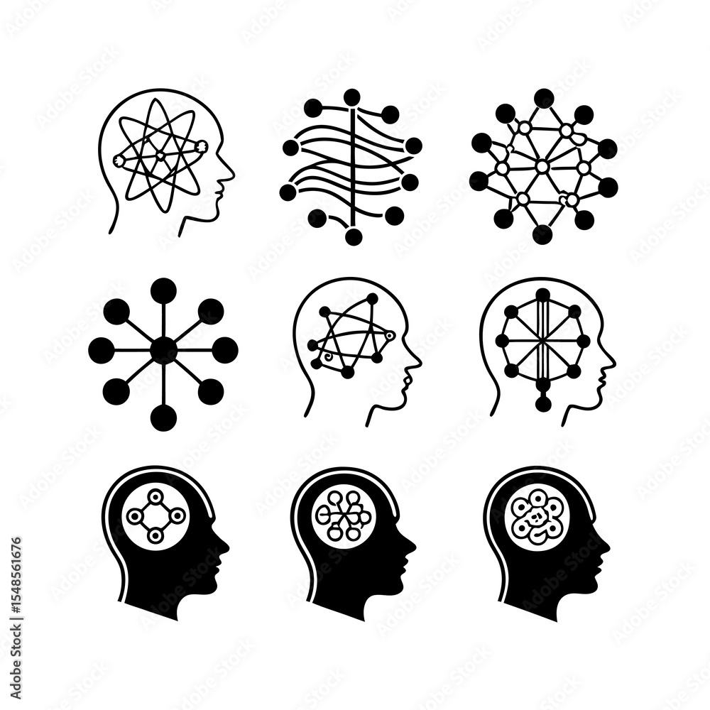 Poster conceptual mindscape: this graphic presents a sophisticated black and white iconographic set, with h