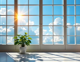 the main subject of the image is a large, multi pane window, which serves as a portal to the sky, outside, one can see a vista of a clear blue sky dotted with fluffy white clouds