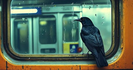 A black crow perched on a weathered windowsill of a train, looking out at a blurred cityscape. - Powered by Adobe