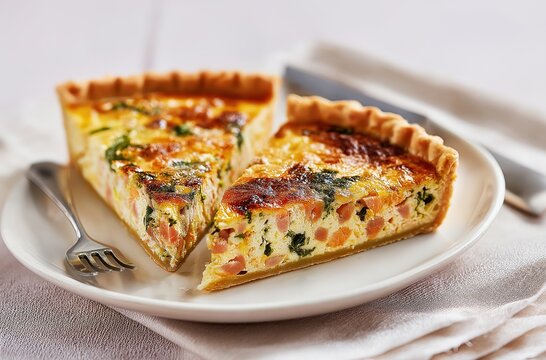 Two slices of vegetable quiche on a white plate with a fork, featuring a golden crust and a filling with spinach and possibly salmon or ham.