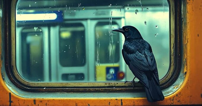 A black crow perched on a weathered windowsill of a train, looking out at a blurred cityscape.