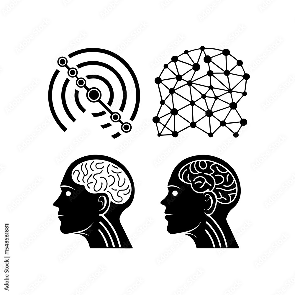 Poster brain connections: a set of four black and white icons displaying different depictions of the human 