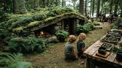 Fototapeta premium Children Exploring Nature with Cozy Earthy Hut in Woodland Setting