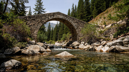 Ancient stone bridge spanning a clear mountain stream