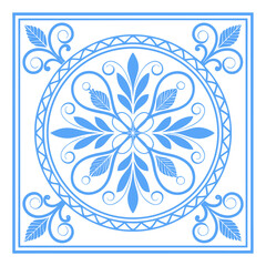 Elegant Floral Tile: A beautifully crafted, symmetrical tile with intricate floral patterns and a harmonious blend of cool blue hues, perfect for design projects.