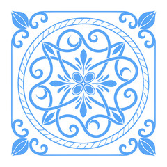 Elegant Tile Design: A captivating illustration of an ornate blue tile, showcasing a symmetrical pattern of intertwining floral motifs, delicate swirls, and a circular rope border.