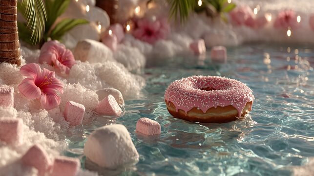Dreamy Setting with Floatable Donut in Tropical Paradise Water