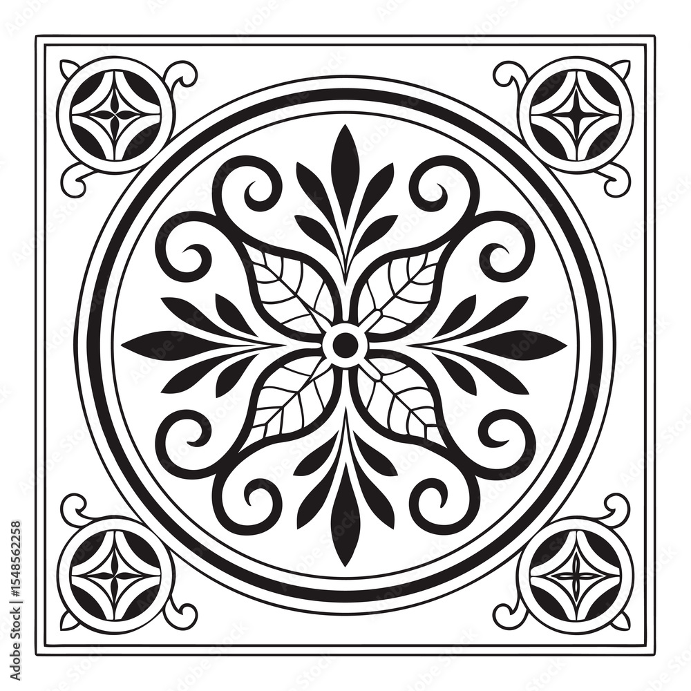 Poster elegant tile design: intricate symmetrical tile design, featuring a central floral motif enclosed wi