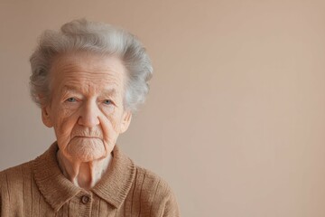 Portrait of an elderly woman indoor studio photographic art neutral background close-up loneliness and wisdom