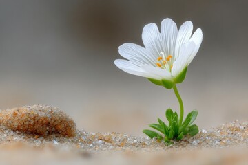 Delicate flower blooming on sandy ground nature macro photography soft background close-up view