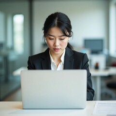 Focused Asian Female Professional Working on Laptop Indoors