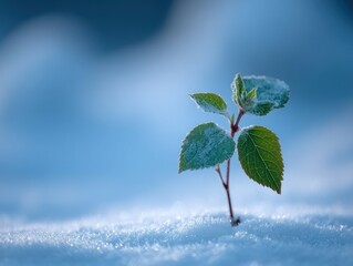 Emerging plant growth in snowy environment nature photography winter scene close-up perspective