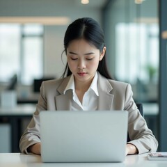 Asian Office Worker in Her 20s Working on Laptop at Desk