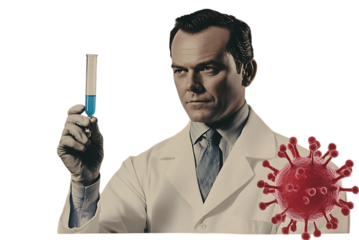 Medical researcher analyzing a vial of liquid with virus illustration.