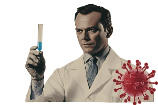 Medical researcher analyzing a vial of liquid with virus illustration.