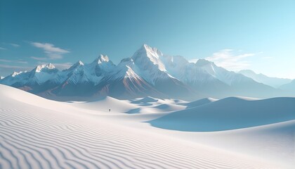 A person standing in the middle of a vast desert landscape with snow-capped mountains in the background