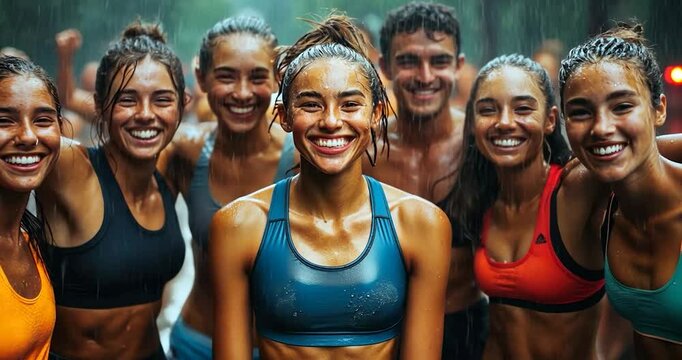 Happy, sweaty women smiling after a rainy workout.