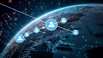 Digital connections and networking illustrated on a global map with data streams and user icons - Powered by Adobe