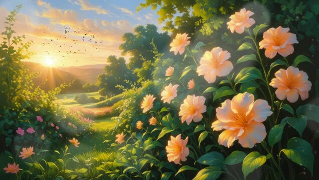 Blooming Garden at Sunset: An enchanting garden blooms with a profusion of delicate flowers, bathed in the warm, golden light of the setting sun, creating a scene of idyllic tranquility.