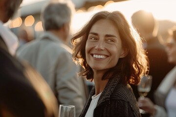 Happy woman at a party on a summer terrace. Selective focus.