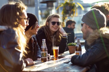 Group of friends drinking beer in a pub or restaurant. Group of young people having fun outdoors.