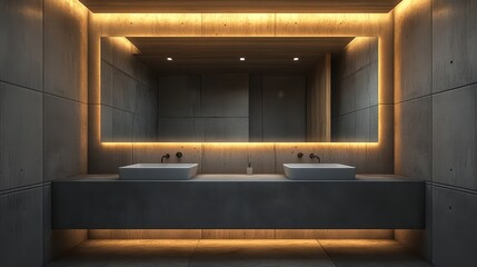 Fototapeta premium Contemporary bathroom vanity with a large mirror.