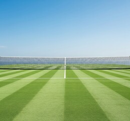 Fototapeta premium High-resolution professional tennis court, without people or logos. Vibrant green lawn, pristine white lines, and centered net under a clear blue sky.