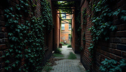 Overgrown brick alley with climbing plants covering both sides, moody lighting and rustic atmosphere 2