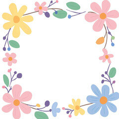 Naklejka premium A charming square floral frame on a white background, adorned with pastel-colored flowers and delicate green leaves, with subtle splatters