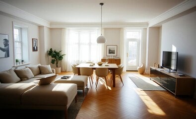 Fototapeta premium A sunlit haven bathed in natural light where a spacious open-concept living and dining area unfolded featuring a sleek design sofa and a family table that served as the heart of gathering Warm wooden 