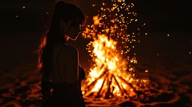 sexy goth babes - A silhouetted figure stands beside a roaring bonfire on a beach at night, creating a warm glow against the dark surroundings