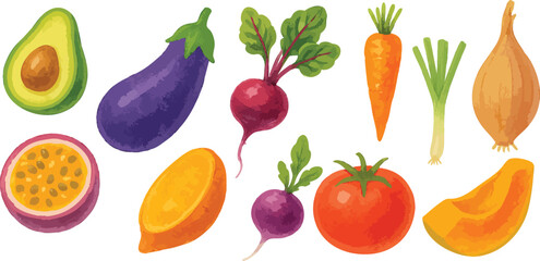 Fresh Plant-Based Ingredients in Loose Watercolor Style - Colorful Raw Vegan Food Elements with Clean Organic Look | Generative AI