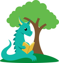 Friendly dragon reading a storybook under a tree, vector design with white background.
