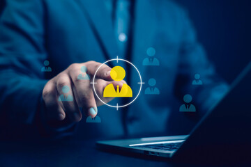 Businessman showing concept of human resources, employees, employment, management, training, HR, technology, business leadership concept, consulting, customer concept, digital service.	
