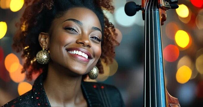 Smiling woman with curly hair and large earrings next to a double bass against a bokeh background.